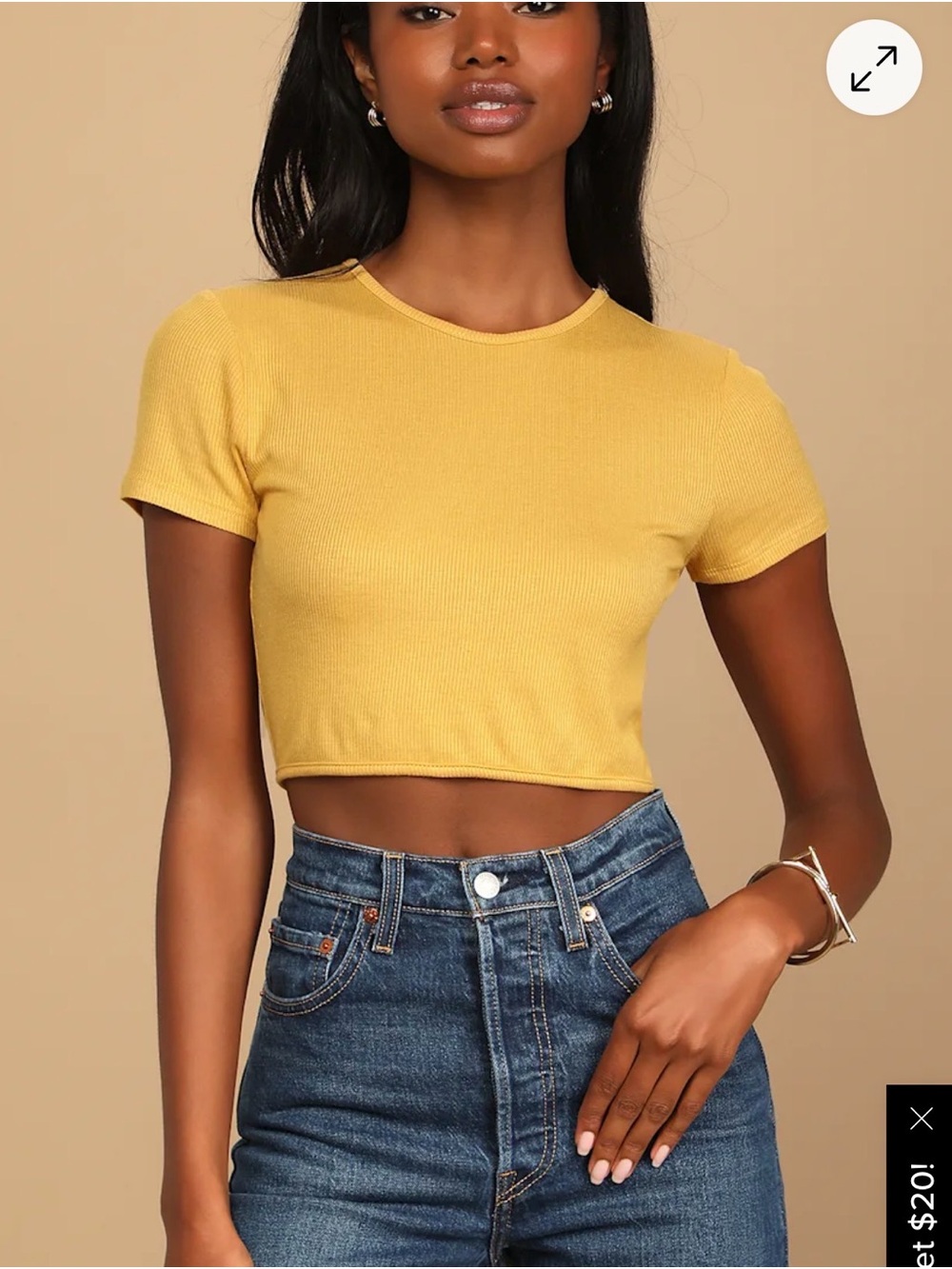 Lulus Women's Mustard Ribbed Crop Tee - Casual Short Sleeve Top